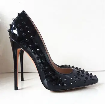 

2018 Newest Full Rivets Women Black Patent Leather Pumps Sexy Pointy Toe Ladies 12CM High Heels Fashion Party Stiletto Size 42
