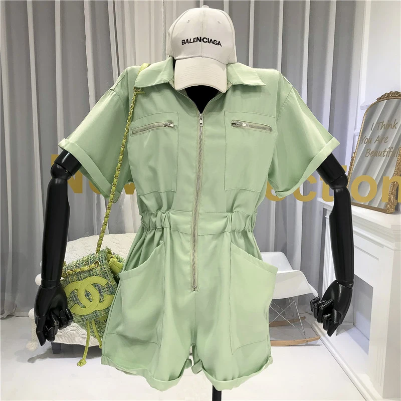 ALPHALMODA New Fashion Safari Jumpsuits Women 2020 Summer New Multi-Pocket Zipper Stretchy Waist Slim Solid Playsuits