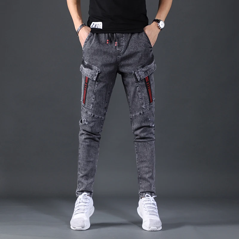 Autumn Men's Cargo Pants Elastic Waist Jeans Fashion Korean Style Casual Dark Gray Slim Fit Denim Trousers