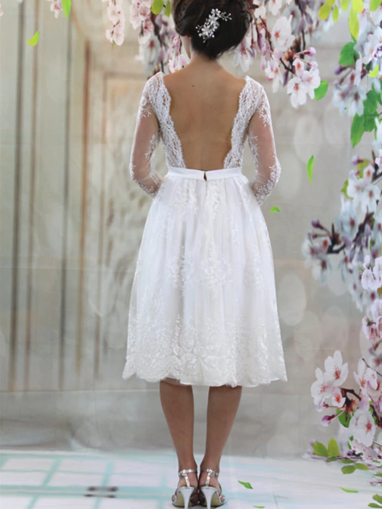 50s Vintage Tea Length Short Wedding Dress Lace See Through Long Sleeve Deep V Neck Open Back Bridal Gowns Plus Size Customize