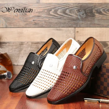 

Breathable Summer Shoes Men Casual Shoes Weave Slip On Leather Shoe Hollow Loafers for men Soft Sapatos Zapatos Hombre 2020