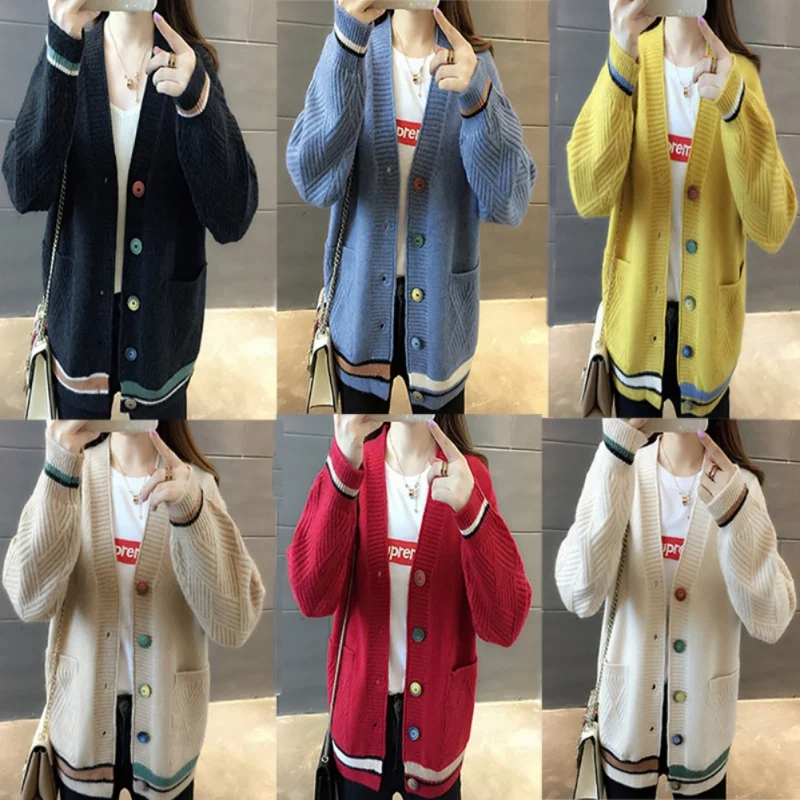 Korean Style Spring Autumn Sweet Loose Lazy Wind Button Knit Cardigan Pocket Jumper Sweater Long Lantern Sleeve Coat Women