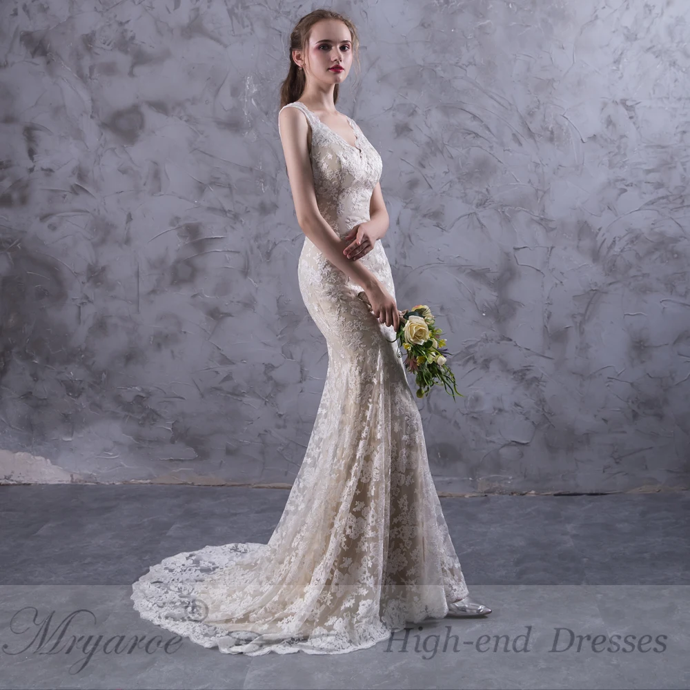 Mryarce vestido de novia Замочная скважина сзади Кружева Русалка Свадебные платья с v-образным вырезом Свадебные платья «Принцесса»