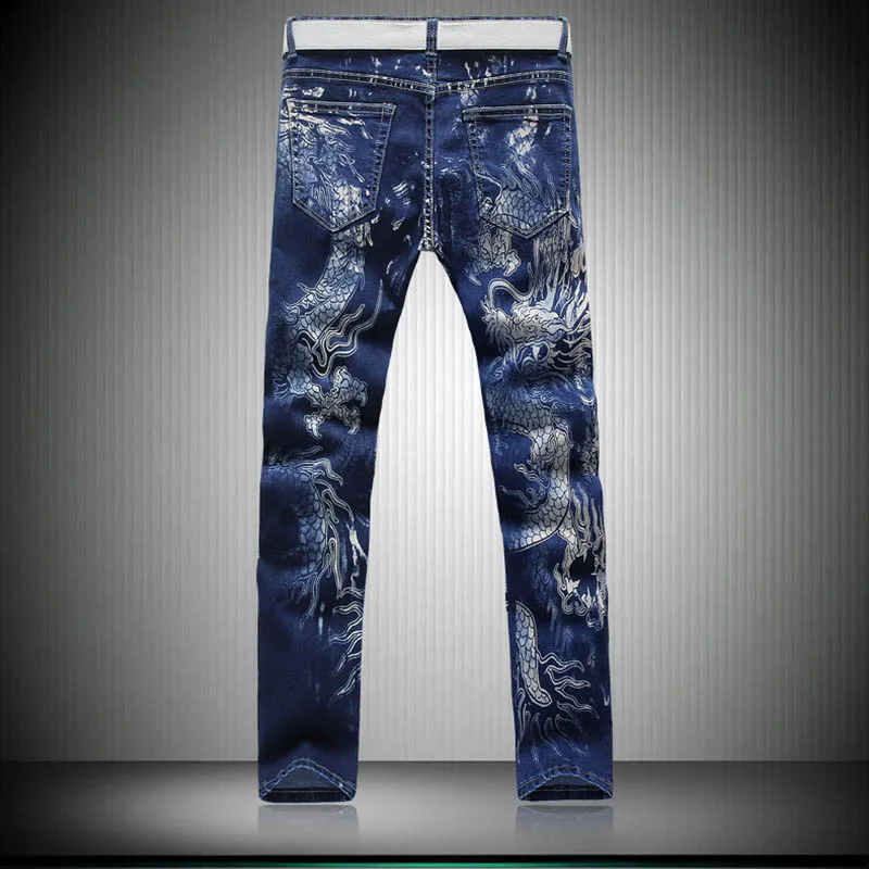 KIOVNO Men Fashion Printed Jeans Pants Dragon Painted Slim Fit Denim Trousers For Male Size 28-38 Blue Color (11)