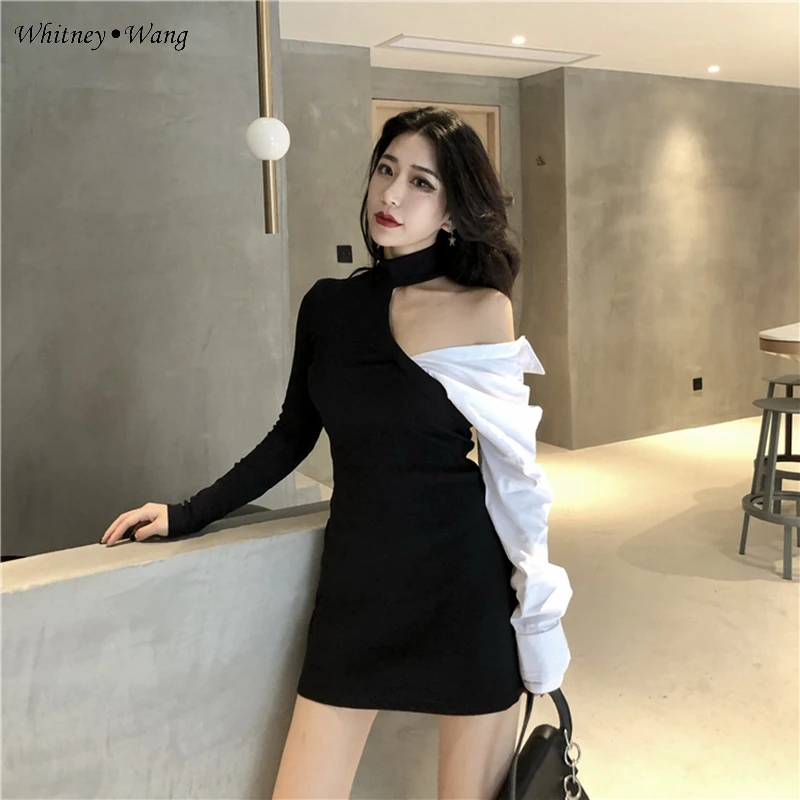 WHITNEY WANG Осенняя мода уличная открытая рубашка на плечо рукав платье-футляр в стиле пэчворк мини-платье женское сексуальное Клубное платье
