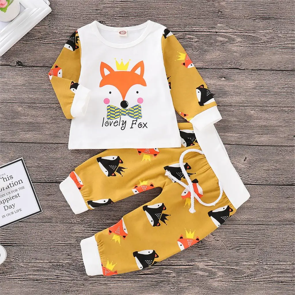 2019 Winter Infant Baby boys Girl Cartoon Fox Long Sleeve Tops+Print Pants Cap Cloth Sets Outfits New Style Suit Popular Solid | Детская