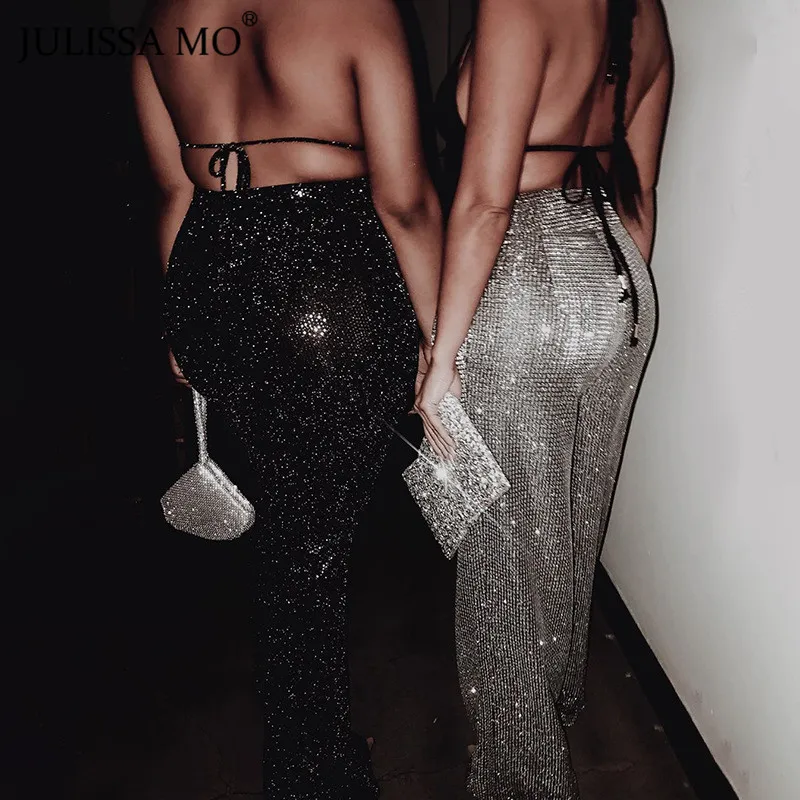 Julissa mo серебряные блестящие Сексуальные вечерние Брюки для женщин зимние с высокой талией широкие ноги длинные брюки женские уличные пуговицы брюки