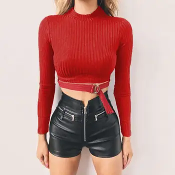 

Women Knit Short Sweater New 2019 Spring Autumn Sexy Bodycon Crop Tops Knitting Junpers Female Long Sleeve Slim Sweater Pullover