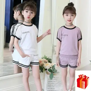 

Three Color Girls Summer Kids Children Sets Sports Suit Korean Alphabet Short Sleeve Two Piece Free Shipping