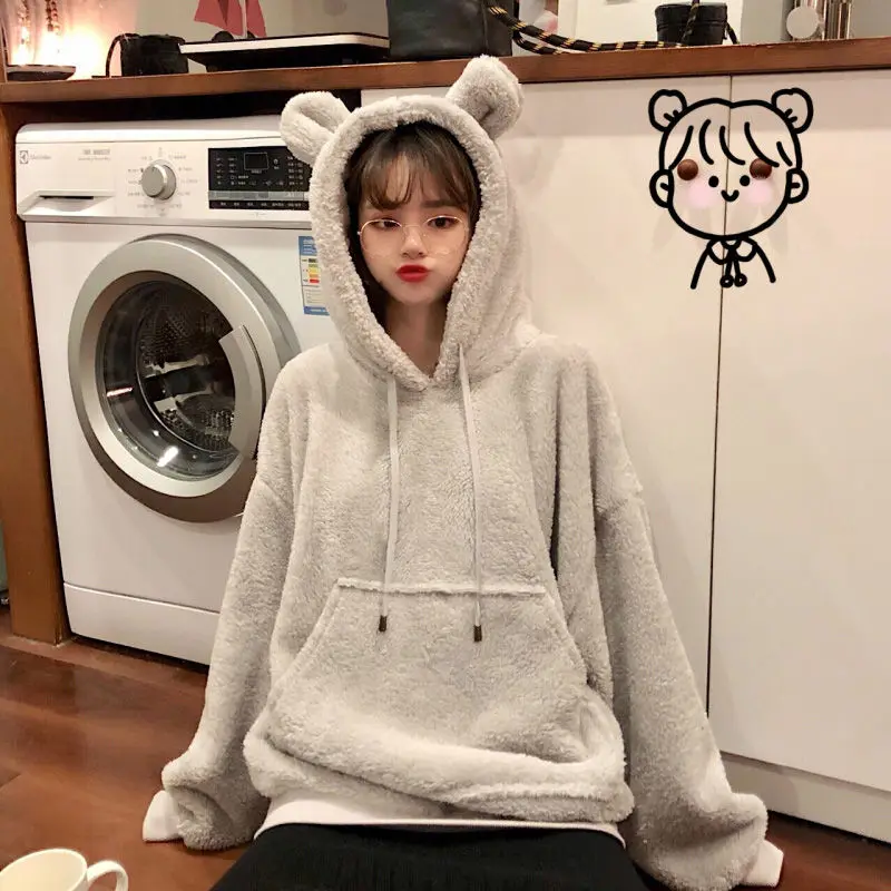 Корейская версия осени плюс бархатная Толстовка harajuku moletom зимняя свободная толстовка с ушками плюшевая Флисовая Куртка Пуловер Топ - Цвет: Белый