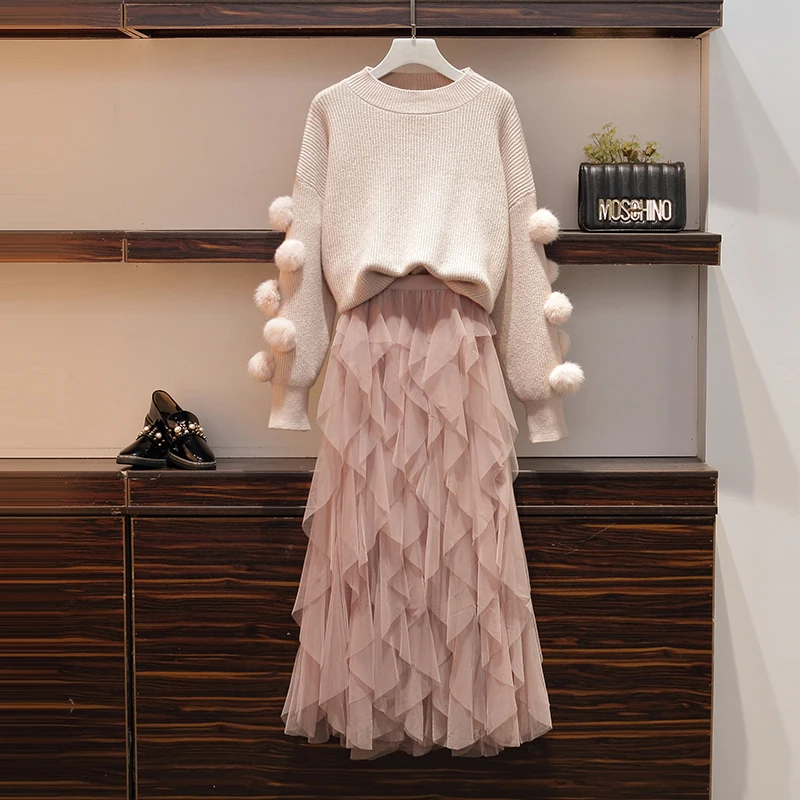 

Autumn New Women Mesh Skirt Sweater Set Women Knit Tweed Weave Pullover Long Sleeve Tops +Shiny Pleated Mesh Skirt 2 Piece Sets