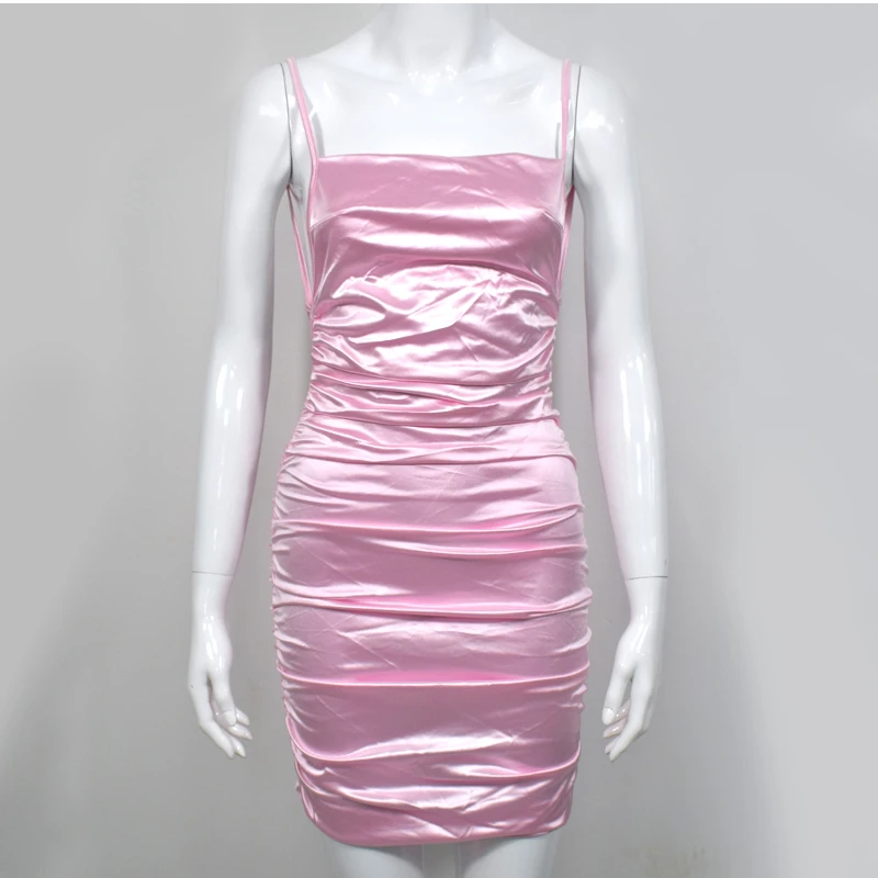 NewAsia Garden Backless Sexy Dress Women Summer Spaghetti Straps Slash Neck Bodyocn Dress Pink Ruched Dress Short Ropa Mujer