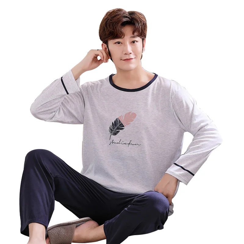 

Men's Pajamas Autumn Plus Size 5XL Pyjama Set Pure Cotton Male Home Costumes Sleep Tops Simple Cartoon Sleepwear with Pants