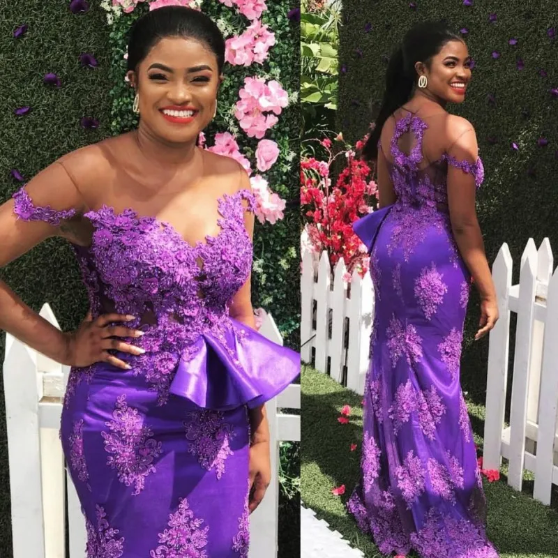 

Purple African Mermaid Evening Dresses With Sheer Neckline Lace Appliques Plus Size Prom Dress With Peplum Capped robe de soire