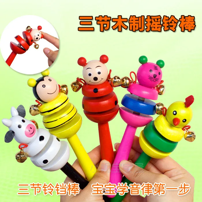 Wooden Cartoon Animal Baby Hand-cranking Bell Children Hand-cranking chuan ling Rattle Orff Beat Musical Instrument Toy