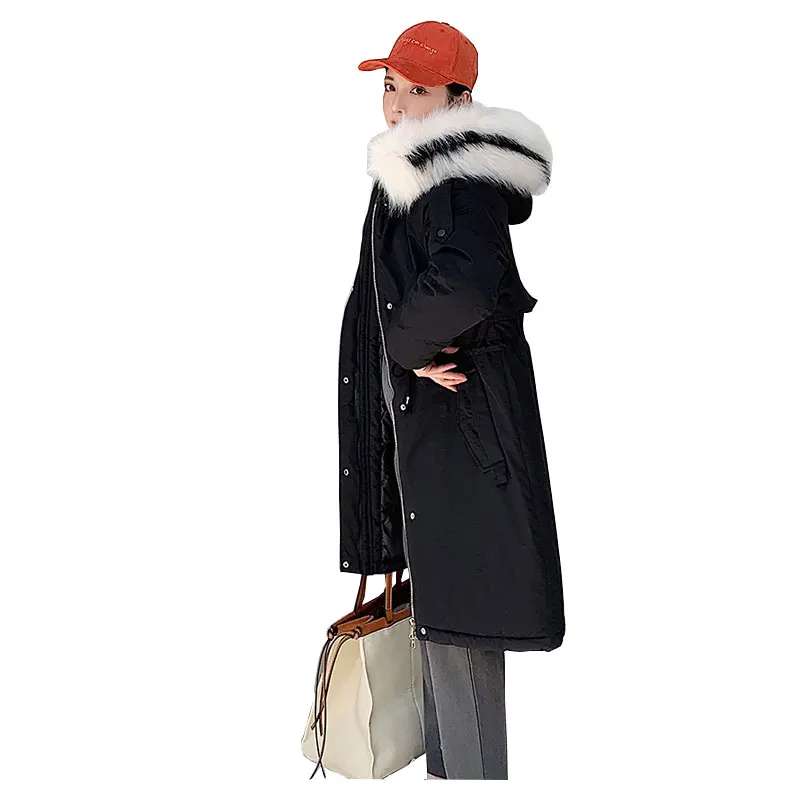 Длинное меховое пальто с капюшоном для пекарни, зимнее пуховое пальто для женщин, куртка оверсайз с хлопковой подкладкой, ватные парки с эластичным поясом и большим карманом - Цвет: BLACK