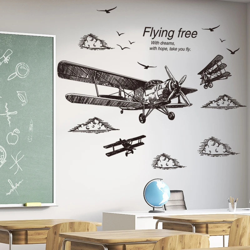 

[shijuekongjian] Freehand Sketching Style Airplane Wall Stickers DIY Birds Mural Decals for Living Room Dormitory Decoration