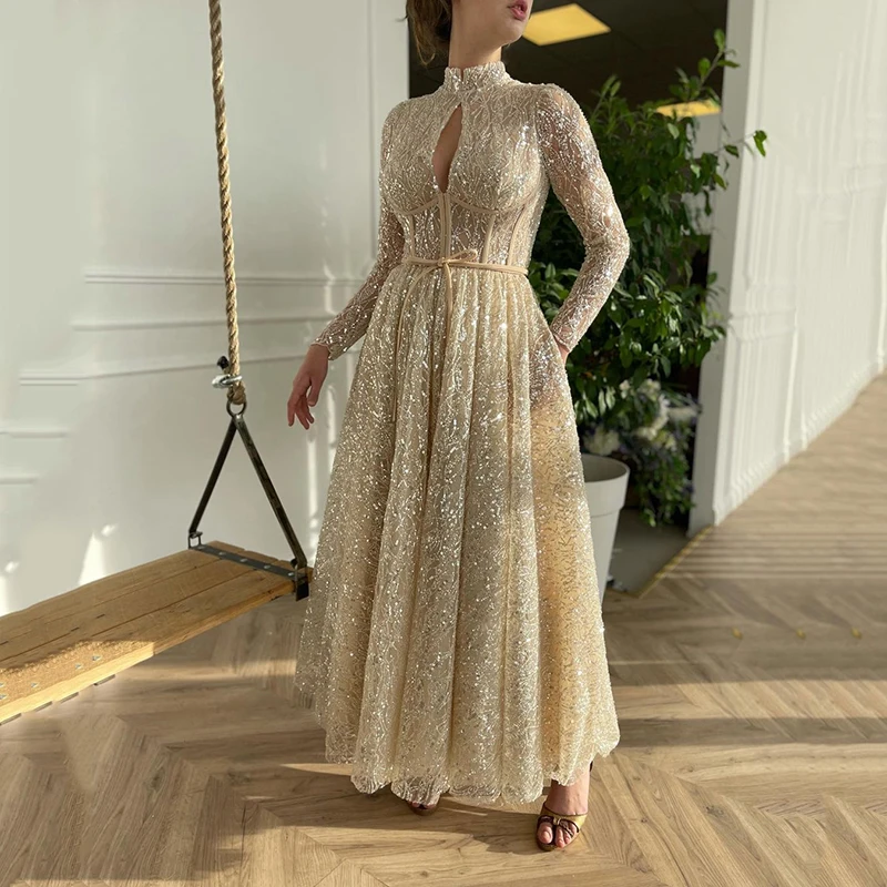 A-Line Prom Dress Champagne High Collar Long Sleeves Glitter Lace Evening Party Gowns Saudi Arabia Celebrate Customize | Свадьбы и
