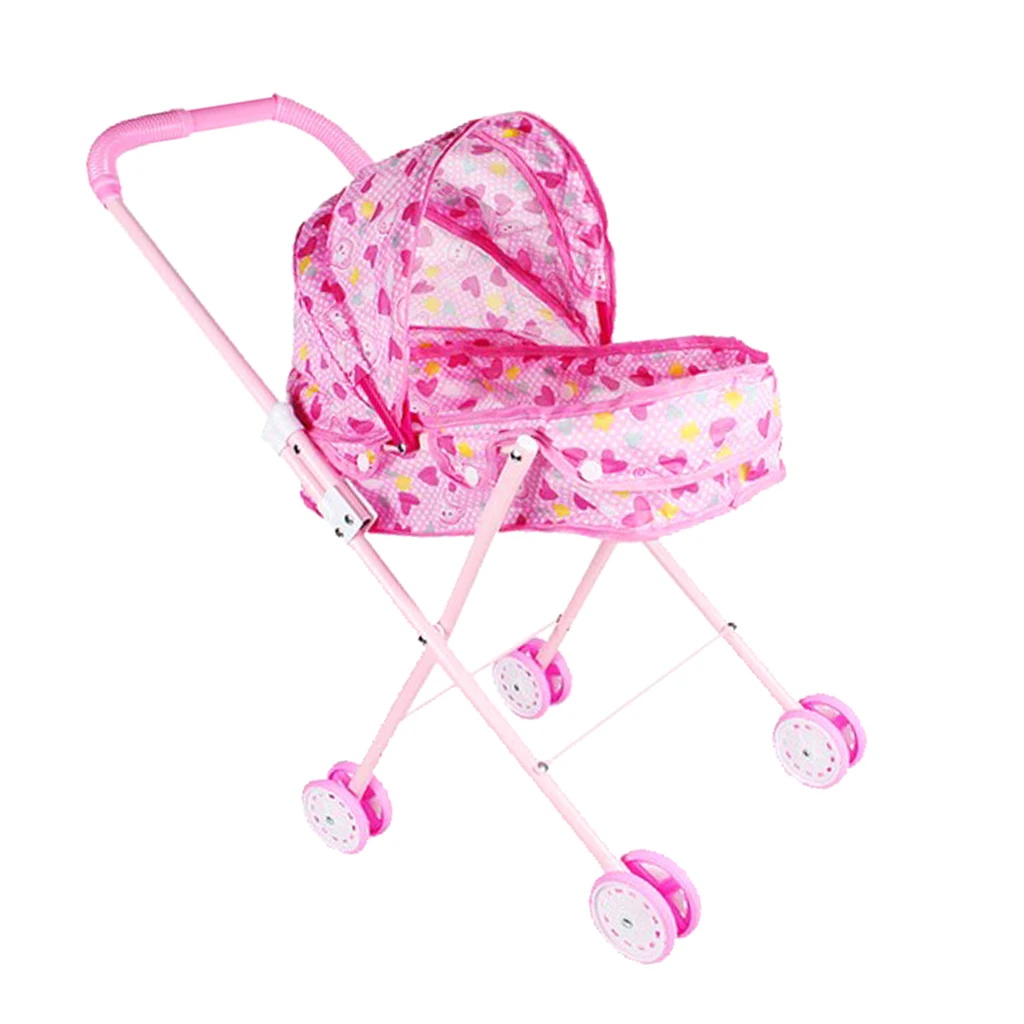 Mini Plastic Baby Push Cart Pushchair Dolls Accs Kids Pretend Play Toy Heart