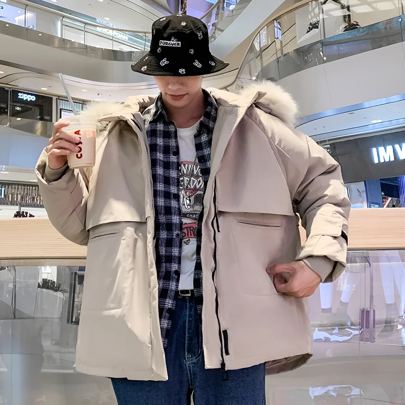 

Winter Jacket Men Warm Fashion Thick Parka Men Solid Color Casual Fur Collar Hooded Coat Man Loose Cotton Tooling Jacket Clothes
