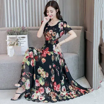

Fashion 2020 flower dress Women O-Neck Short Sleeve Long Dress Printed Slim A-Line Dresses Empire Plus Size 3XL clothes