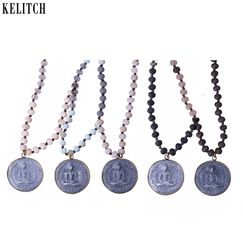 

KELITCH Newest Crystal Long Beaded Strand Necklaces Round Sakyamuni Buddha Pendant Necklace Handmade