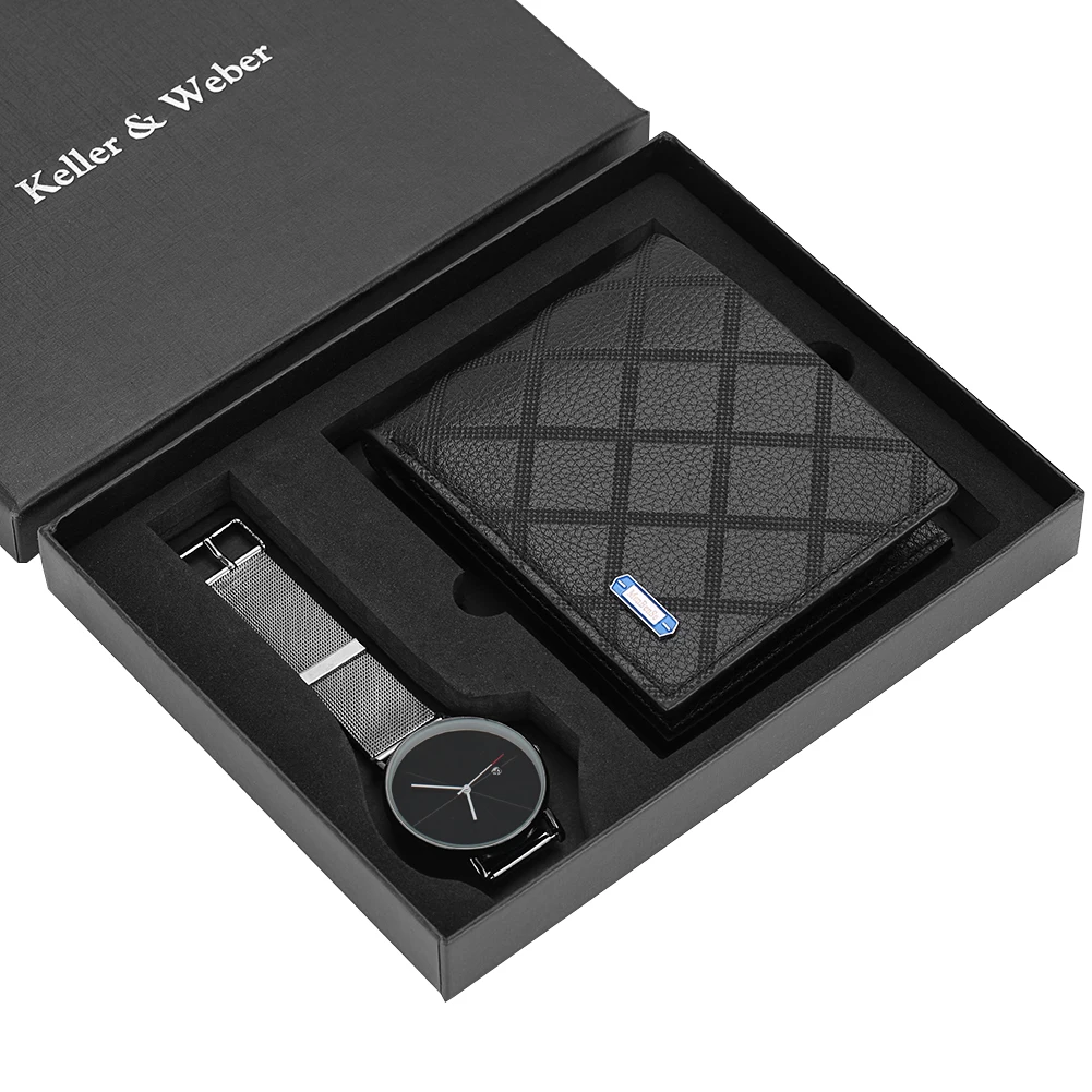 Goede Business Mannen Horloges Roestvrij Stalen Band Mannen Quartz Horloge Lederen Portemonnee Gift Set voor Vriendje Vader Echtgenoot Hot Koop 2019