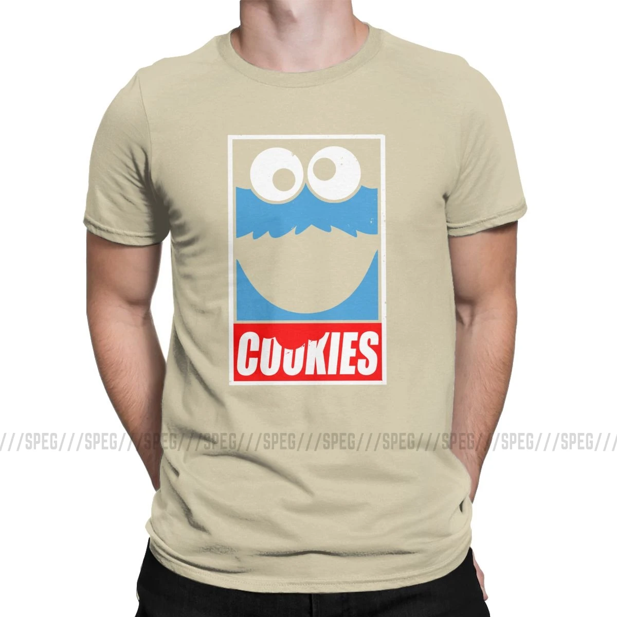 Cookie Monster T Shirt For Men Funny Tees Round Neck Short Sleeved Clothes Cotton Printed T-Shirt Plus Size Tops - Цвет: Хаки
