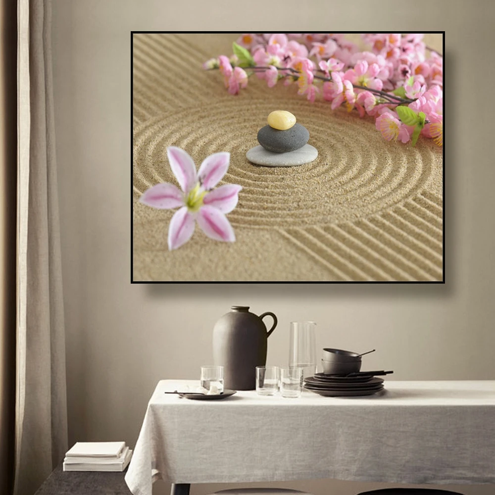 Canvas Art Painting Flowers and stacked stones on fine sand Art Poster Picture Wall Decor Home Decoration For Living room Canvas Art Painting Flowers and stacked stones on fine sand Art Poster Picture Wall Decor Home Decoration For Living room
