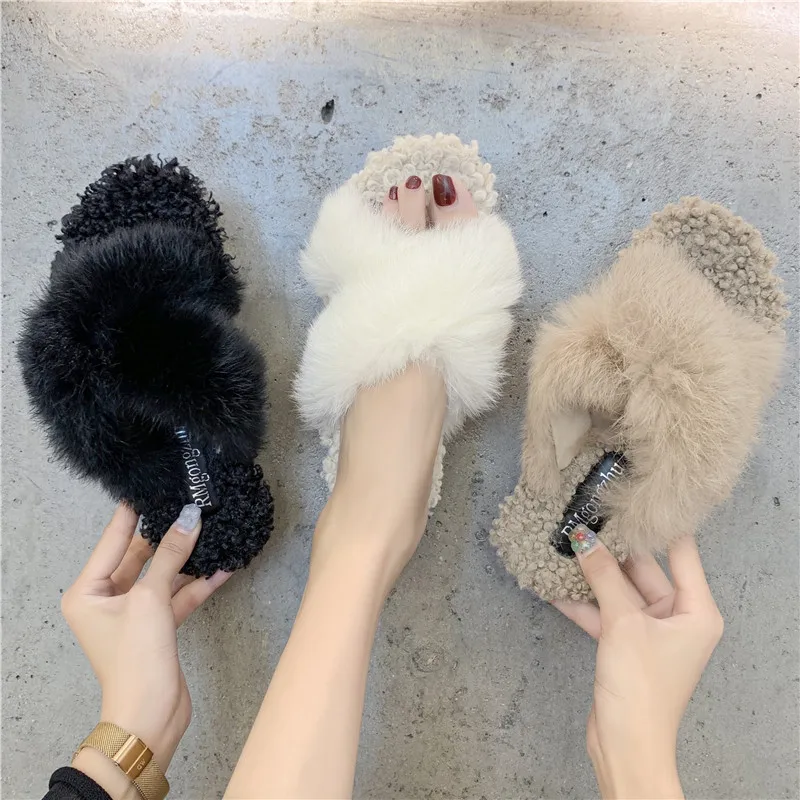 

Shallow Shoes Luxury Slides Flock Ladies' Slippers Pokemon Plush Low Designer Fur Flat 2019 Basic Fashion PU Rubber Shoes