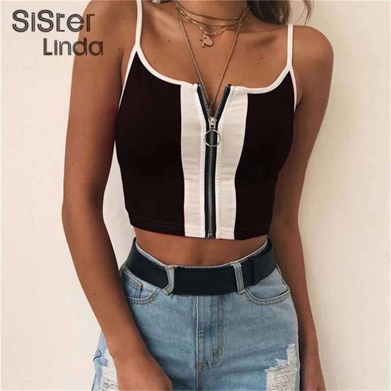Sisterlinda, Новинка лета, модный вязаный укороченный топ, майка, Топ для женщин, тонкие лямки, на молнии, двухцветная, в полоску, женский, Mujer
