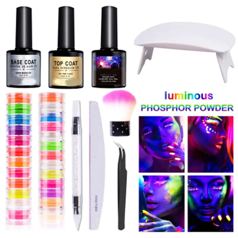 Hot sale 12-colors Fluorescent Nail Art Powder DIY Tools Set Including Gel Tweezers Brush FRE | Красота и здоровье
