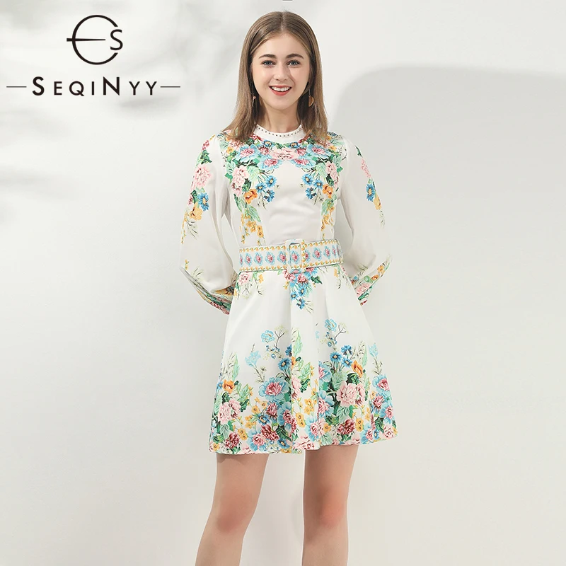 

SEQINYY White Dress 2020 Summer Spring New Fashion Design Women Long Sleeve Digital Printing Flowers Rivet Casual Mini Dress