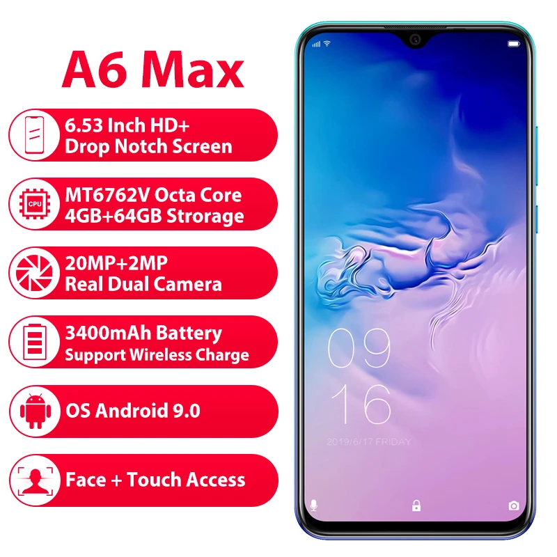 Elephone A6 MAX 6,53 дюймов 4 Гб 64 ГБ Android 9,0 смартфон MT6762V четырехъядерный 20MP отпечаток пальца 3400 мАч 4G OTG NFC мобильный телефон