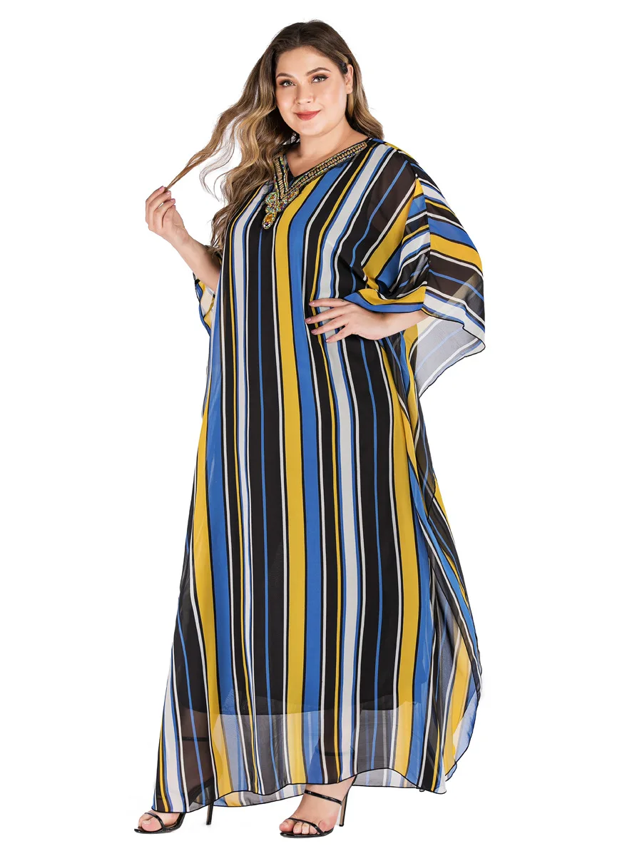 Мусульманская женская одежда abaya, комплект из бисера, Модное шифоновое платье с v-образным вырезом и принтом, Дубай, Турция, женское платье большого размера