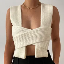 

Sexy Knitted Vest Top The Ride Female Slim Cross Tied Up Adjustable Tank Tops Elegant for Women 2021new Autumn Winter
