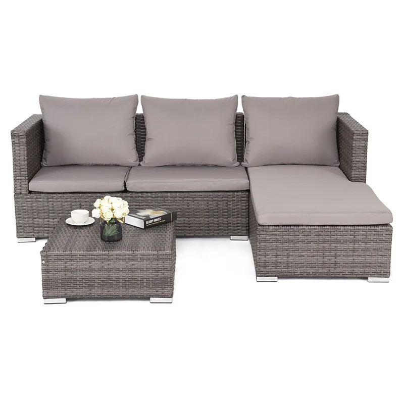 3 Pcs Steel Frame Adjustable Seat Rattan Wicker Sofa High Quality Garden Outdoor Furniture Set HW58279+