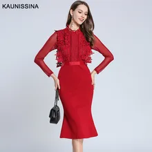 KAUNISSINA, высокое качество, дизайн, коктейльное платье, красное, для женщин, с длинным рукавом, кружево, пэчворк, Русалка, Платья для вечеринок, до колен, платье