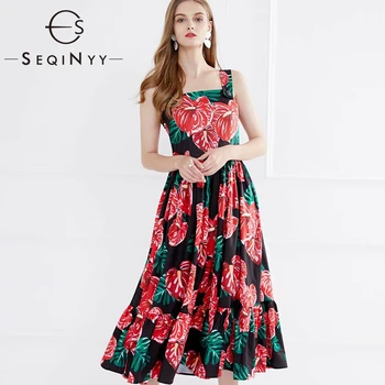 

SEQINYY Runway Midi Dress 2020 Summer Spring New Fashion Design Women Strapless Red Flowers Print Black A-line Dress Elegant