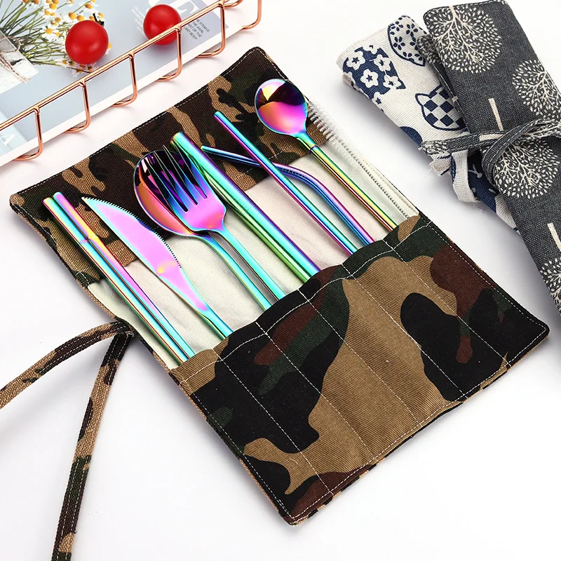 

9 PCS/ Set 304 Stainless Steel Knife Fork Spoon Chopsticks Set Creative Portable Outdoor Tableware Straw Dinnerware Set