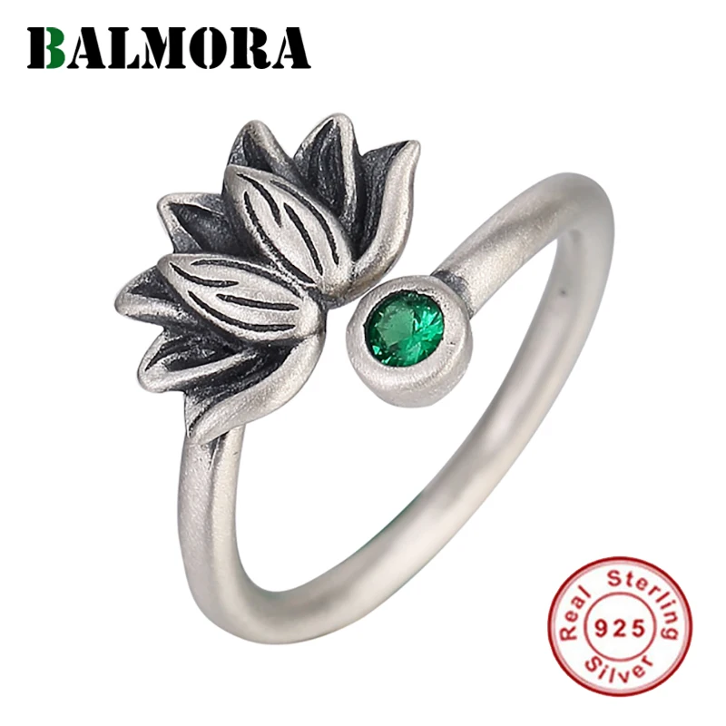 BALMORA 925 Sterling Silver Lotus Flower Open Rings for Women Men Gift Green Zircon Vintage Ring Jewelry Anillos | Украшения и