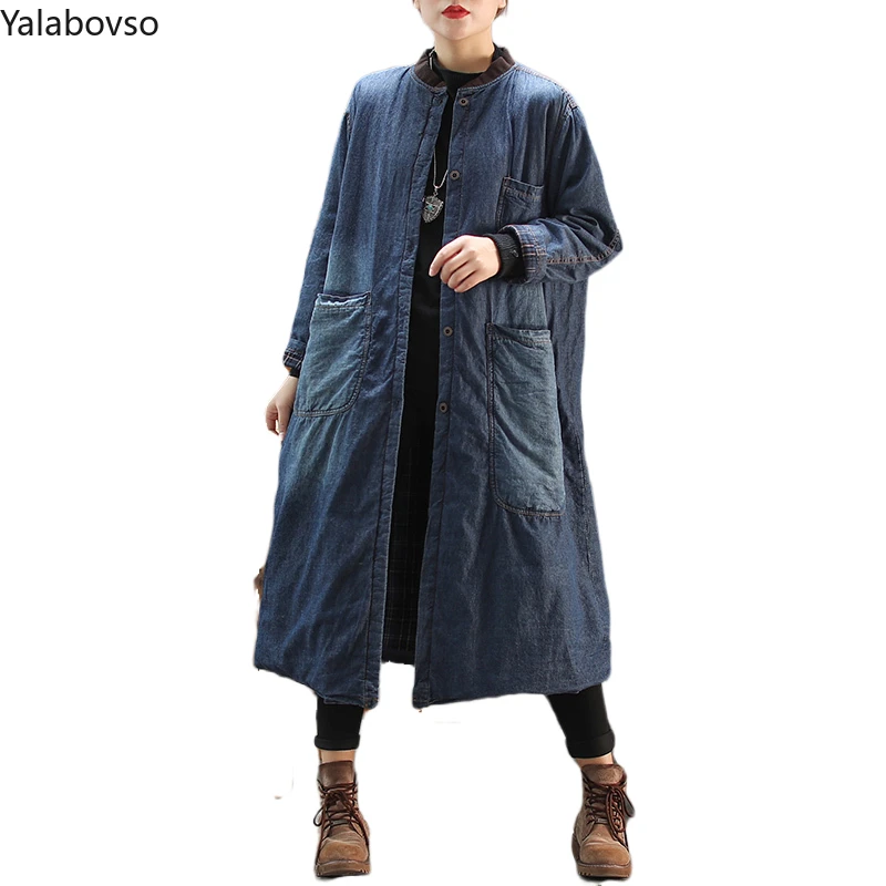 

Vintage Casual denim windbreaker thick coat women's loose large size cotton clothing long coat winter jacket women Z3