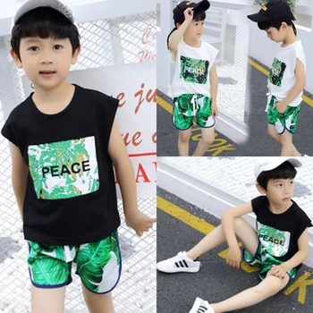 

2019 Summer 2PCS Kid Baby Boy Clothes T-shirt Tops Tank+Shorts Pants Beach Outfit Set
