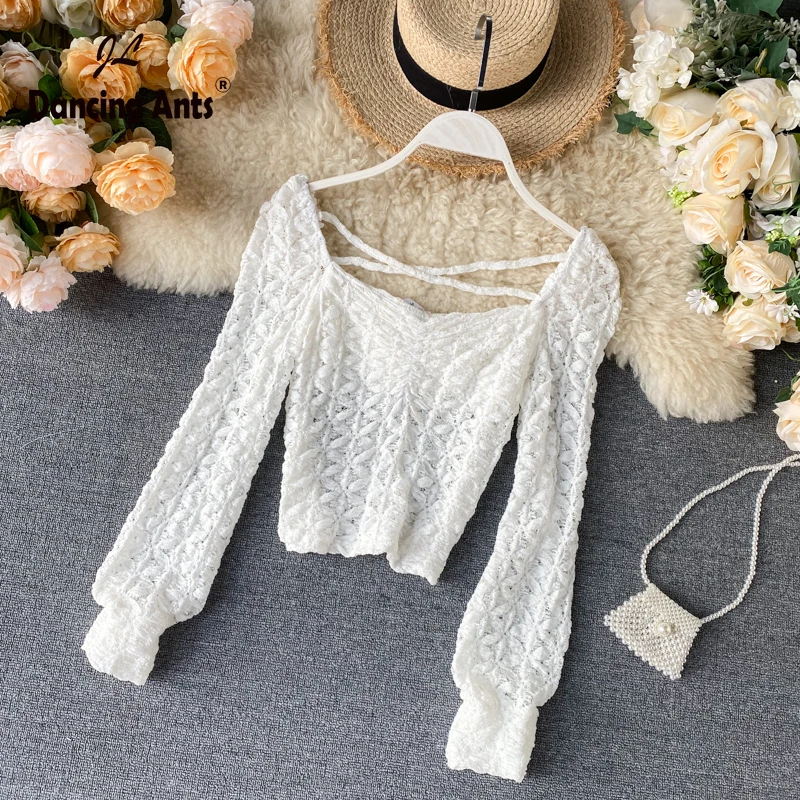 Женские рубашки с длинным рукавом и квадратным воротником Сексуальная кружевная