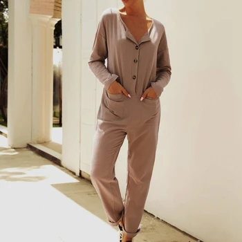 

Women Jumpsuits Long Sleeve Button-up Casual Overalls Solid Autumn Winter Loose Rompers Wide Leg Plus Size Pocket Jumpsuit GV335