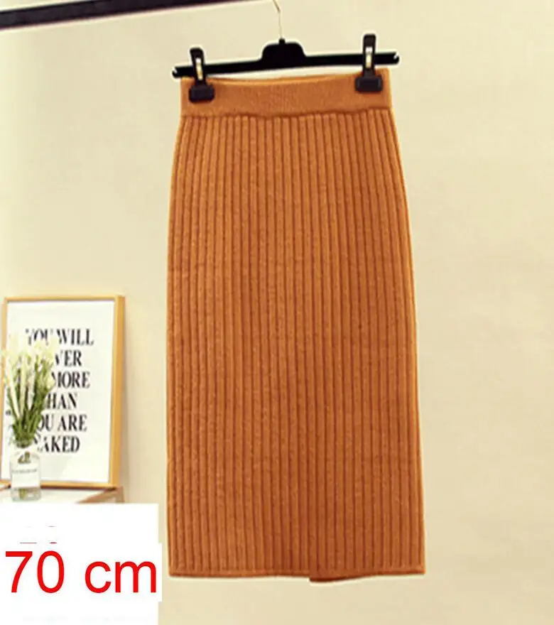 Women Back Slit Bodycon Elegant Midi Pencil Skirt Autumn Winter Casual Knitted Skirt High Waist Skirts Womens Jupe Femme Faldas - Цвет: yellow 70cm