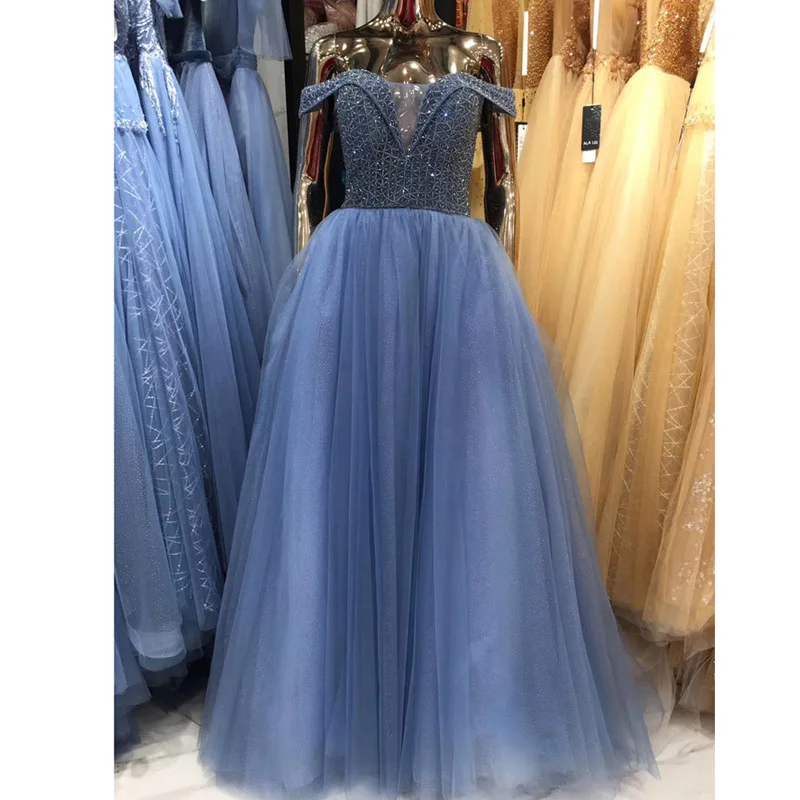 It's Yiiya Evening Gowns Boat Neck Short Sleeve A-Line Women Party Dresses Beading Off Shoulder Floor-Length Robe De Soiree V090