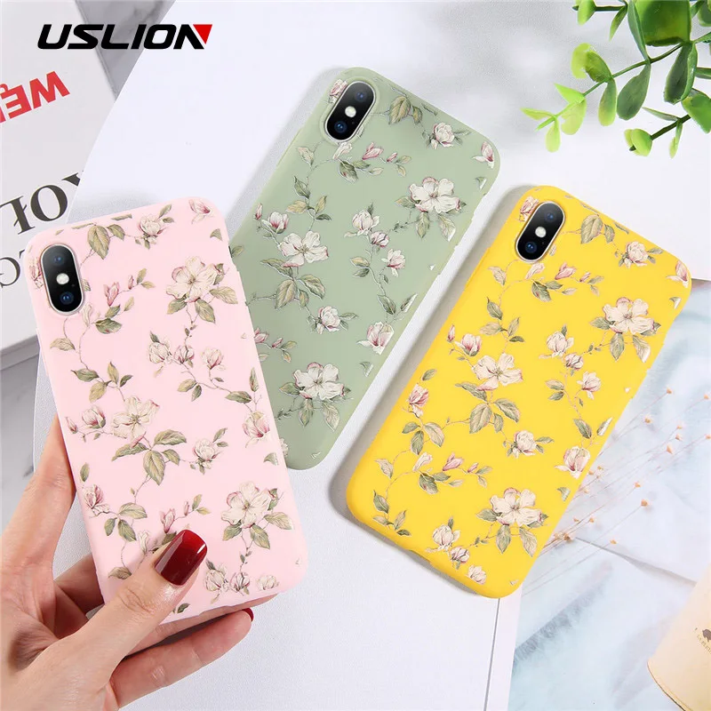 Чехол USLION для iPhone 7, 8, 6, 6S Plus, карамельный цвет, лист, цветок, чехол для телефона, для iPhone XR, Xs, Max, X, Цветочный, ТПУ, мягкий силиконовый чехол