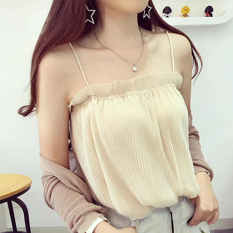 Women Sling Tops Chiffon Sleeveless Wrinkle Thin Crops Sexy Fashion New for Summer d88