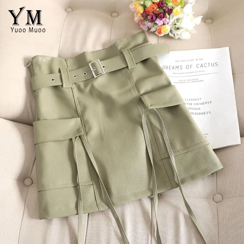 YuooMuoo Горячие большие накладные карманы осенние короткие женские юбки Новое хорошее качество удобные Высокая талия винтажная юбка кожаная юбка с поясом - Цвет: Зеленый